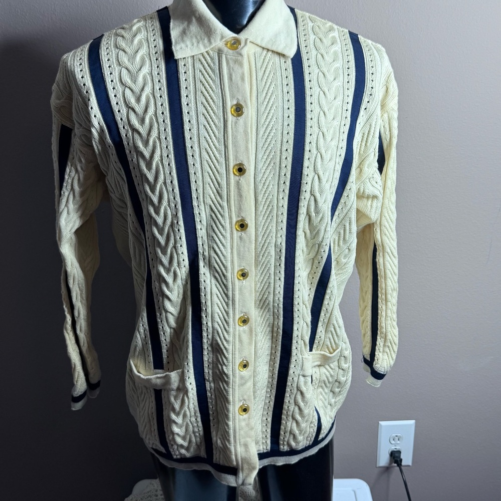 Escada Ivory/ Cream Navy Stripes pockets Cable Knit Cardigan Sweater Sz 38